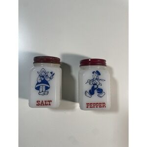 Vintage Milk Glass Salt and Pepper Shakers Dutch Girl Boy Red‎ Lids